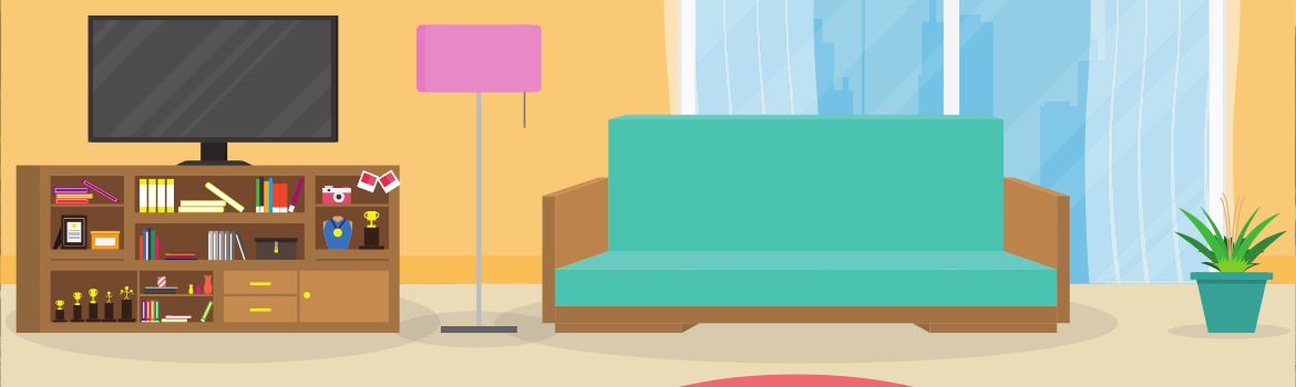an illustration of a living room with yellow walls, a tv on a bookshelf, pink lamp and turquoise low seating couch