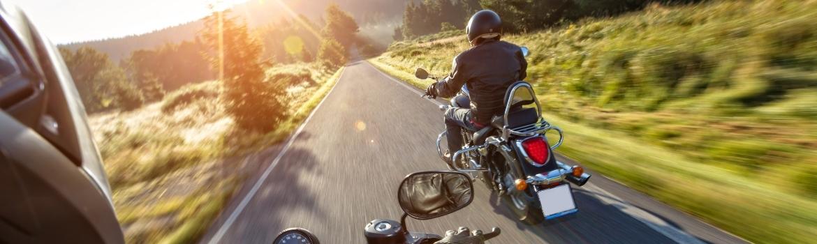 a motorcycle rider point of view on a country road, riding behind another motorcycle rider surrounded by green brush